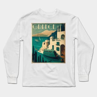 Greece Coastal Town Vintage Travel Art Poster Long Sleeve T-Shirt